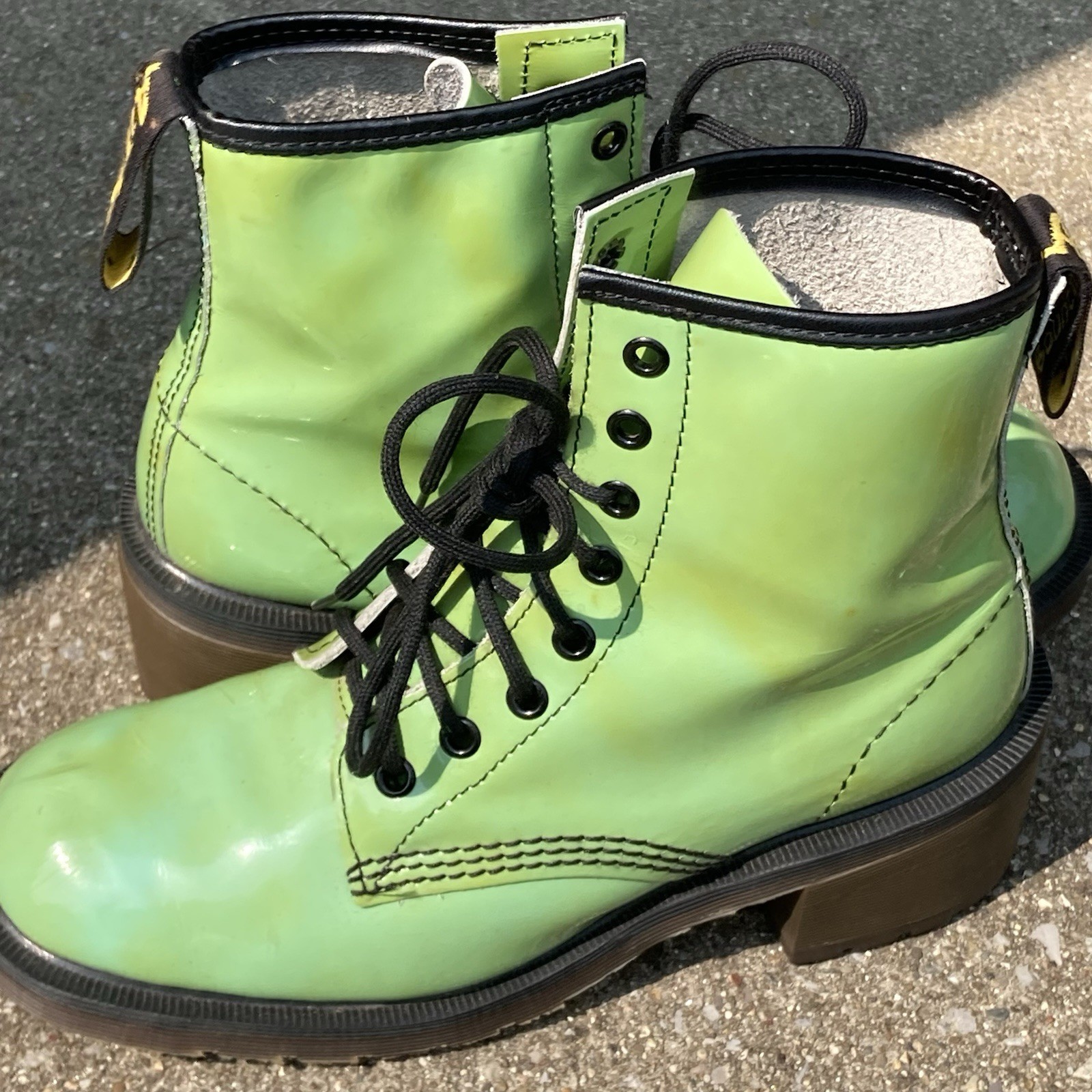 Dr. Martens Made in England Acid Green Patent Leather 6-Eye Ankle Boots 8