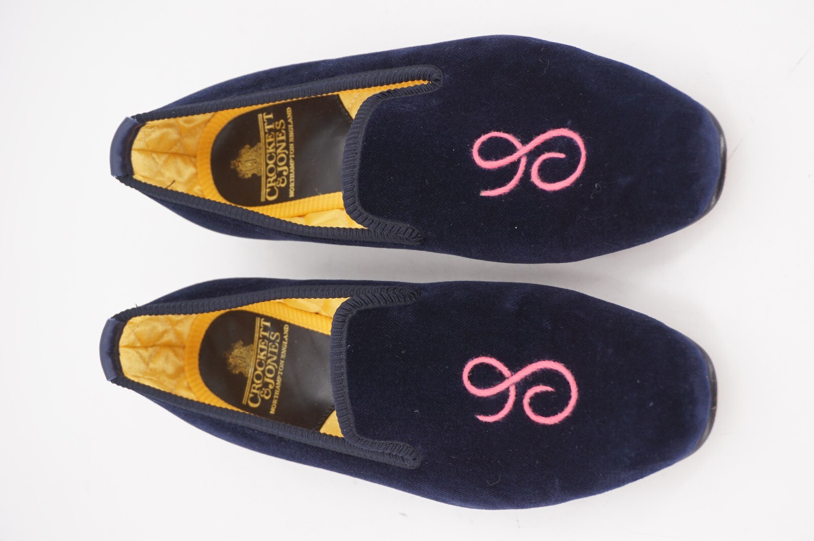 WORN 1x | $550 CROCKETT & JONES WOMENS STREET SLIPPER «S» MONOGRAM NAVY VELVET
