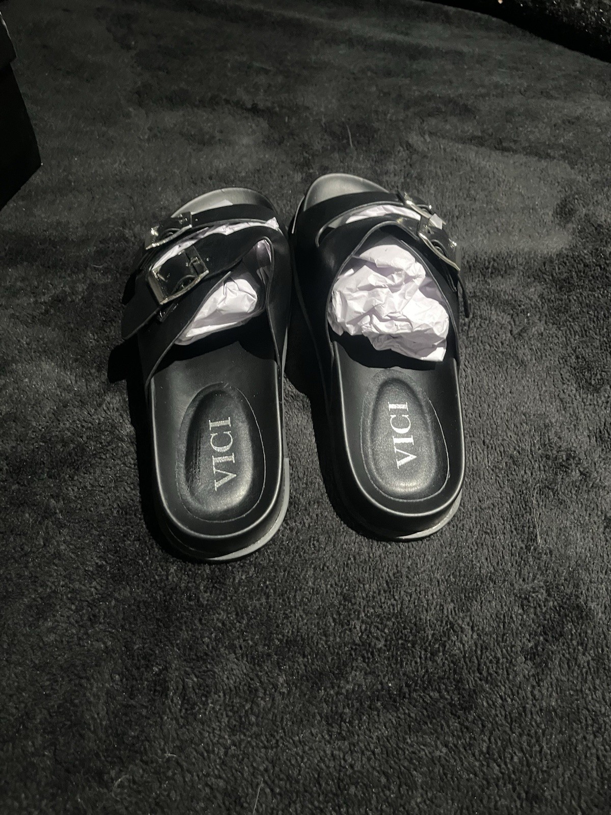 Vici Collection Madison Faux Leather Buckle Sandal in black, size 8.5