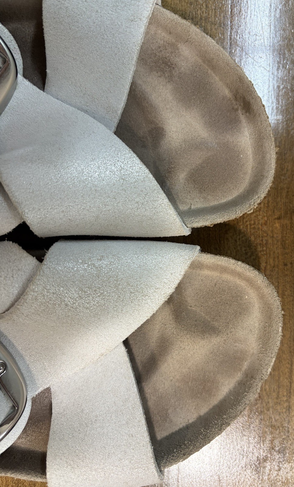Birkenstock Siena Big Buckle Cross Strap Sandal Whitewash Metallic SZ42/US11W