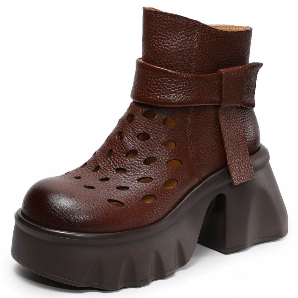 Thick Sole Ankle Boots Women’s Genuine Leather Round Toe High Platform Creepers