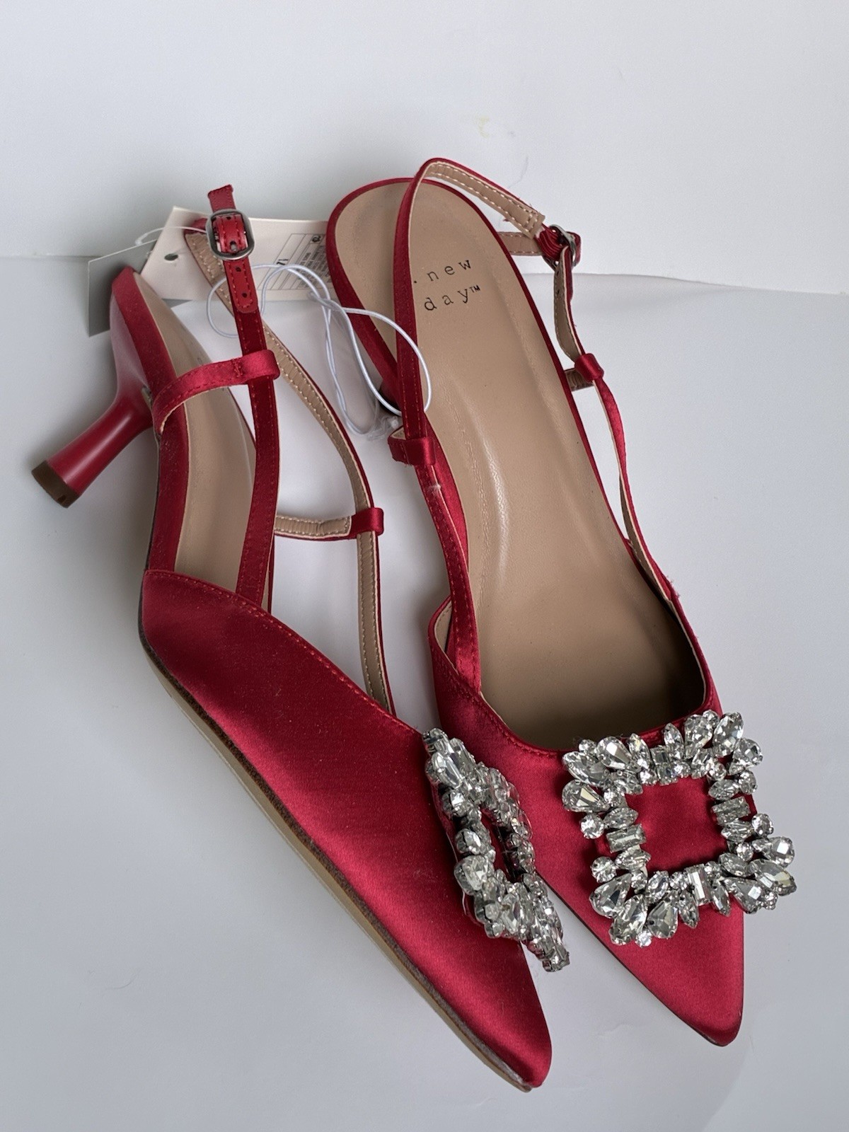 A New Day Red Satin Slingback Heels Pointed Toe Rhinestone Buckle US 7.5