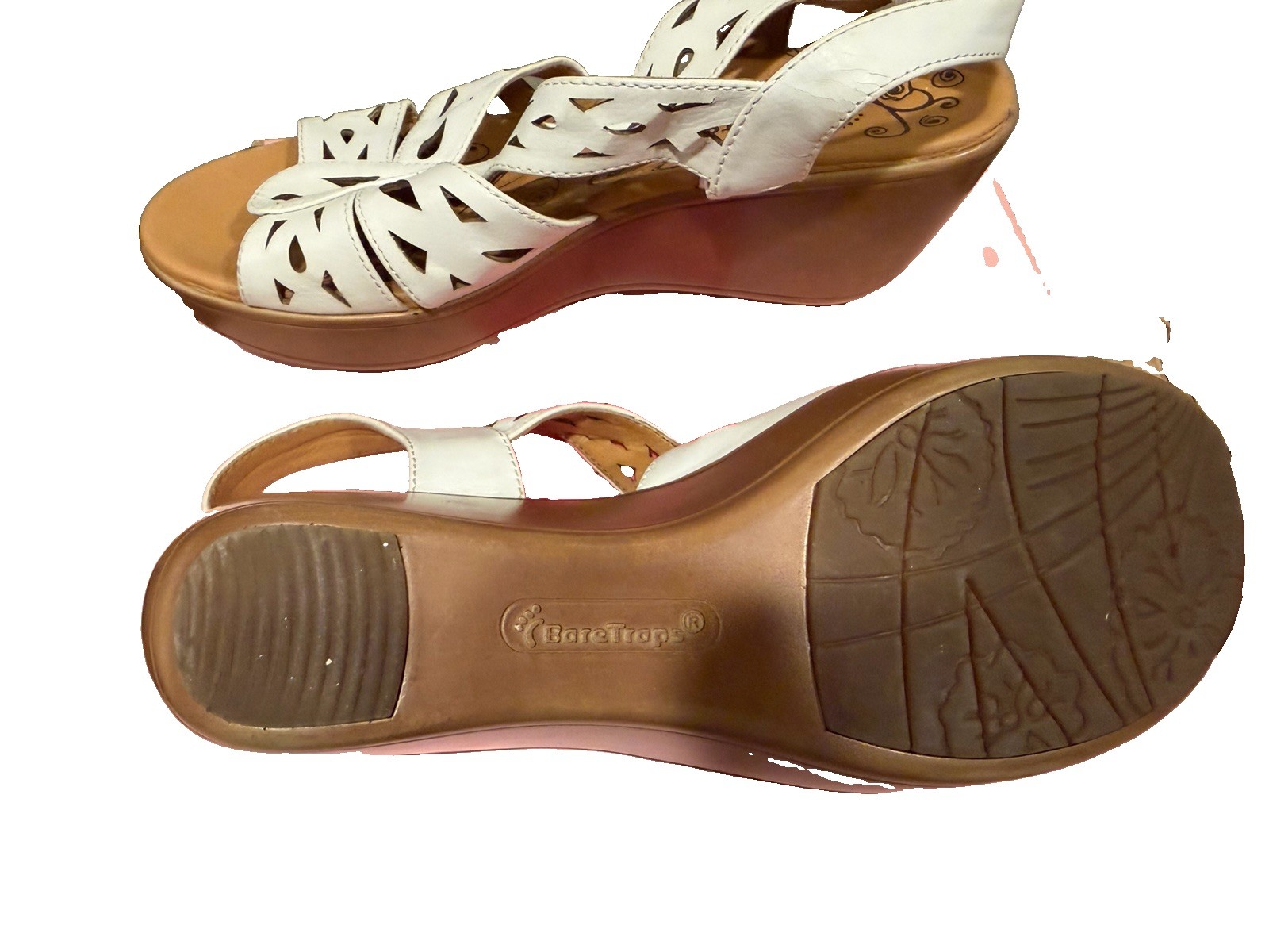 BareTraps Women’s White Cut-Out Wedge Slingback Sandals Buckle Faux Leather 7.5