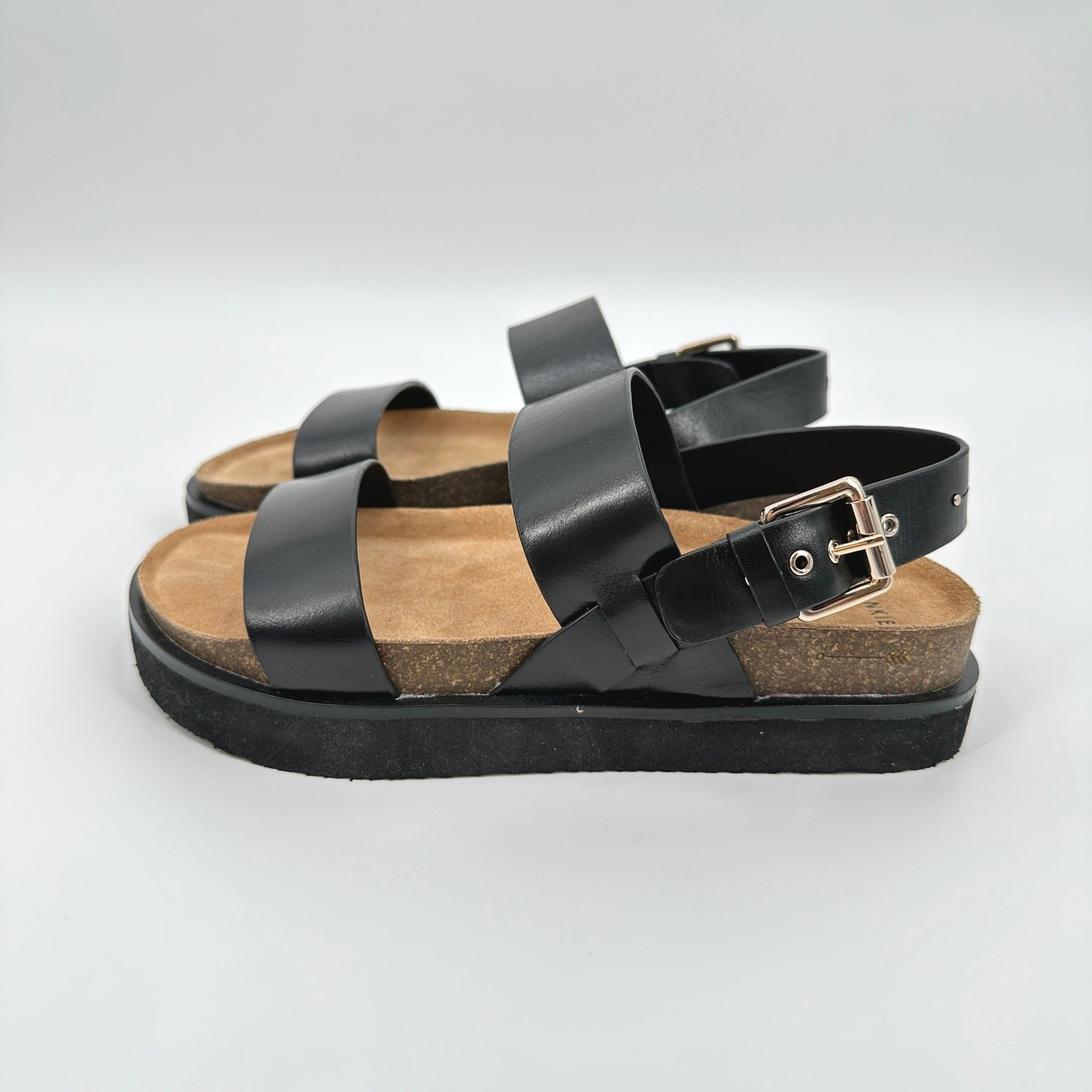 Frankie4 Hunter Black Leather Platform Sandals Womens 7 Cork Footbed NWOB