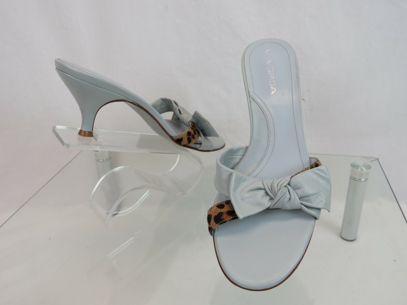 NEW VIA SPIGA GRAY LEATHER PONY HAIR LEATHER BOW KITTEN HEEL MULES PUMPS 8.5