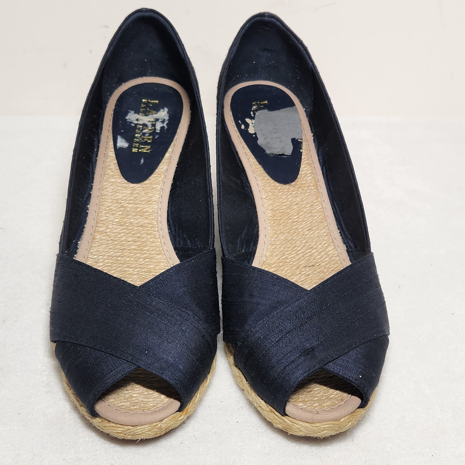 Ralph Lauren Cecilia Shantug Espadrille Wedges Women’s 8.5 Silk Peep Toe Blue