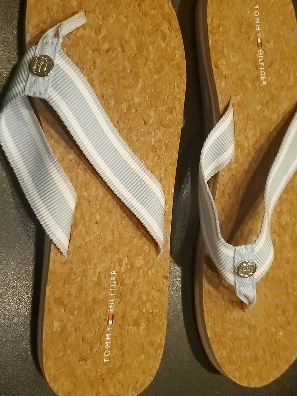 Tommy Hilfiger Light Blue and White Striped Cork-Style Flip Flop Sandals