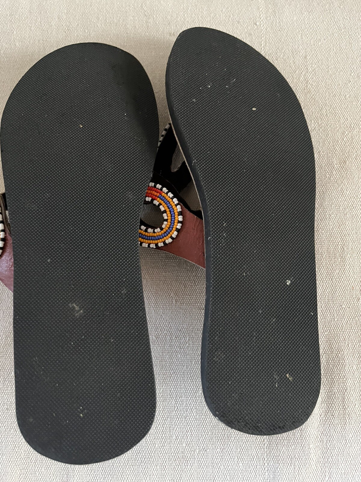 Ethnic Tooled Leather & Glass Bead Beaded Flip Flops Thong Sandals Size 41