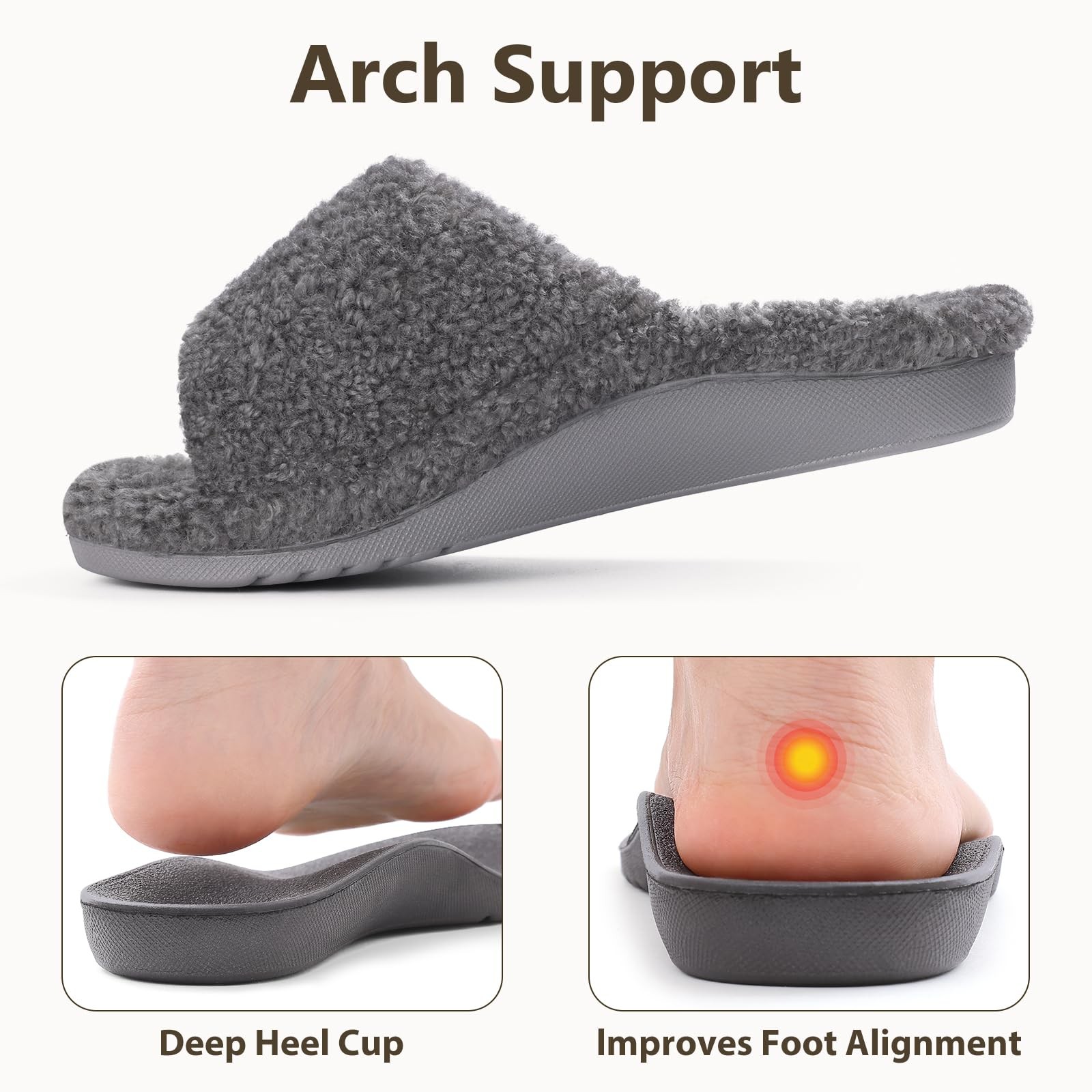 Litfun Womens Fuzzy Arch Support Slippers 5.5-6 Women/4-4.5 Men, Grey Nubby