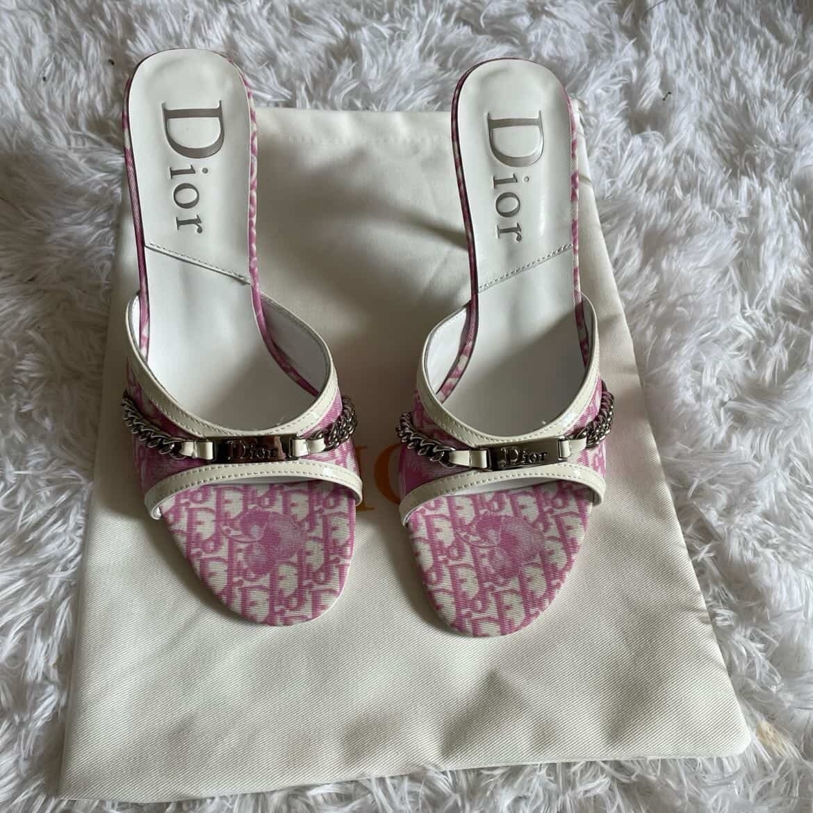Dior Women’s Pink/White Logo Slide Sandals w/ Chain Accent Slip-On