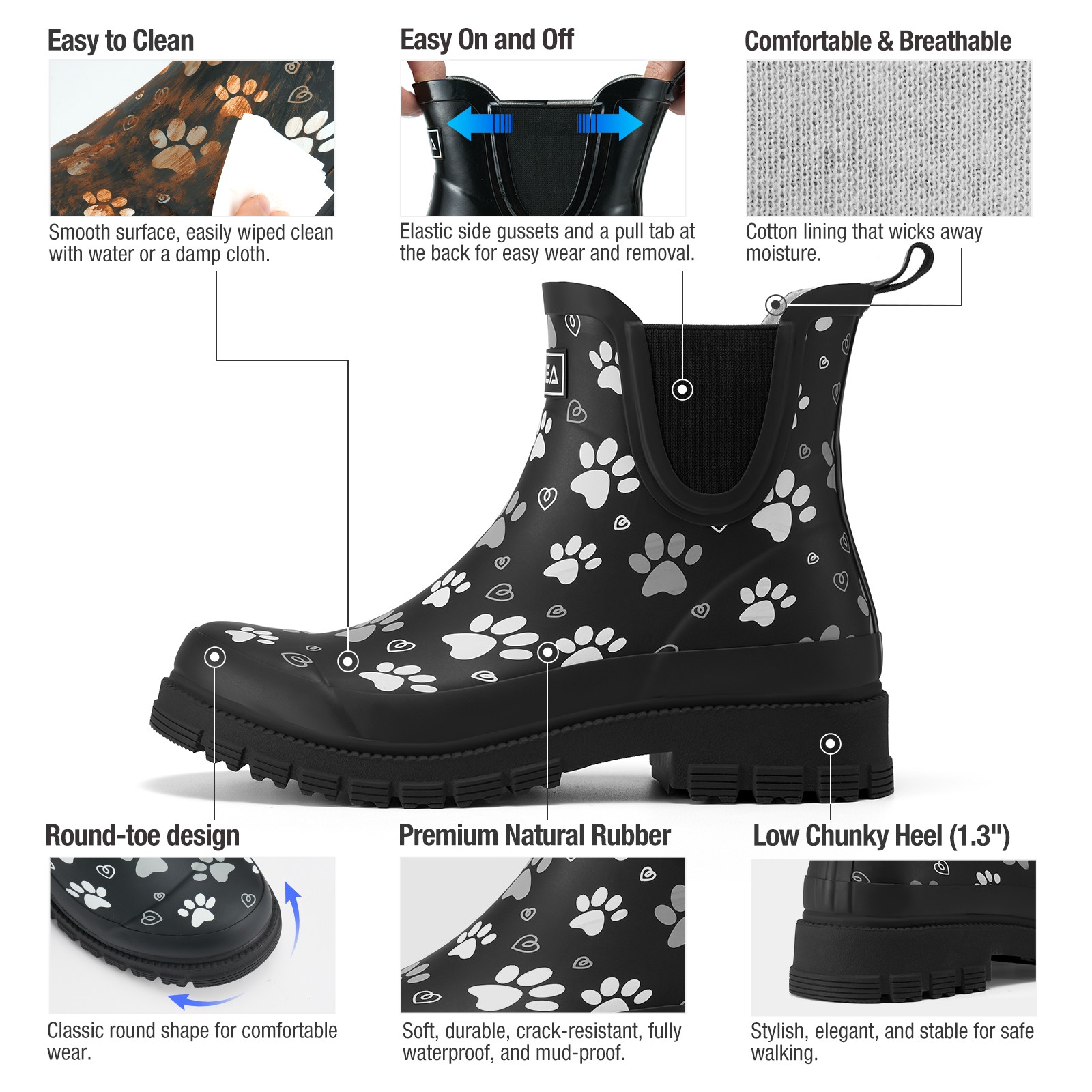 HISEA Women Ankle Rain Boots Waterproof Chelsea Short Wellies Rubber Garden Shoe