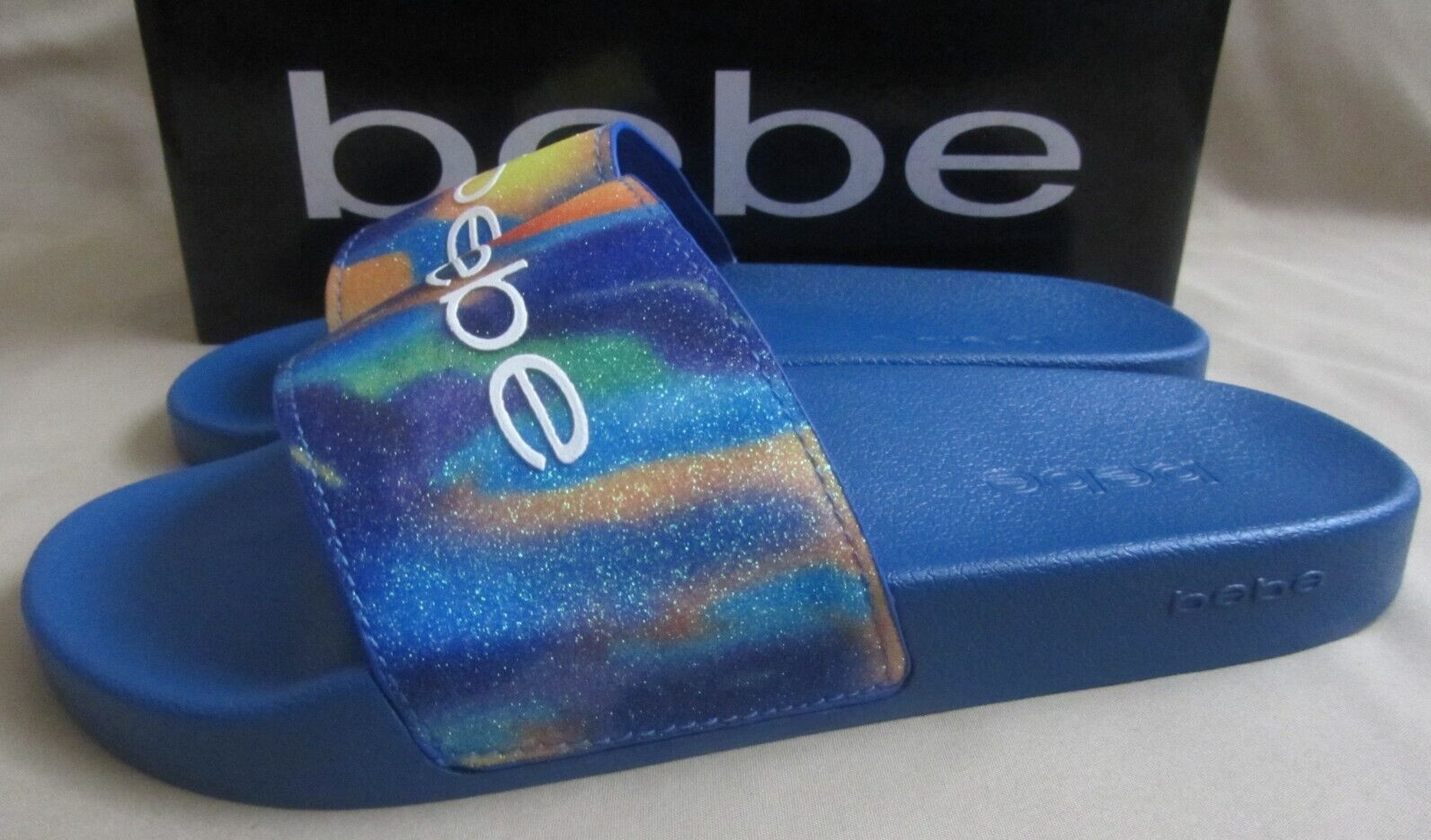 BEBE Fraida Glitter Logo Slides Women Size 9 Blue Multi New Without Box