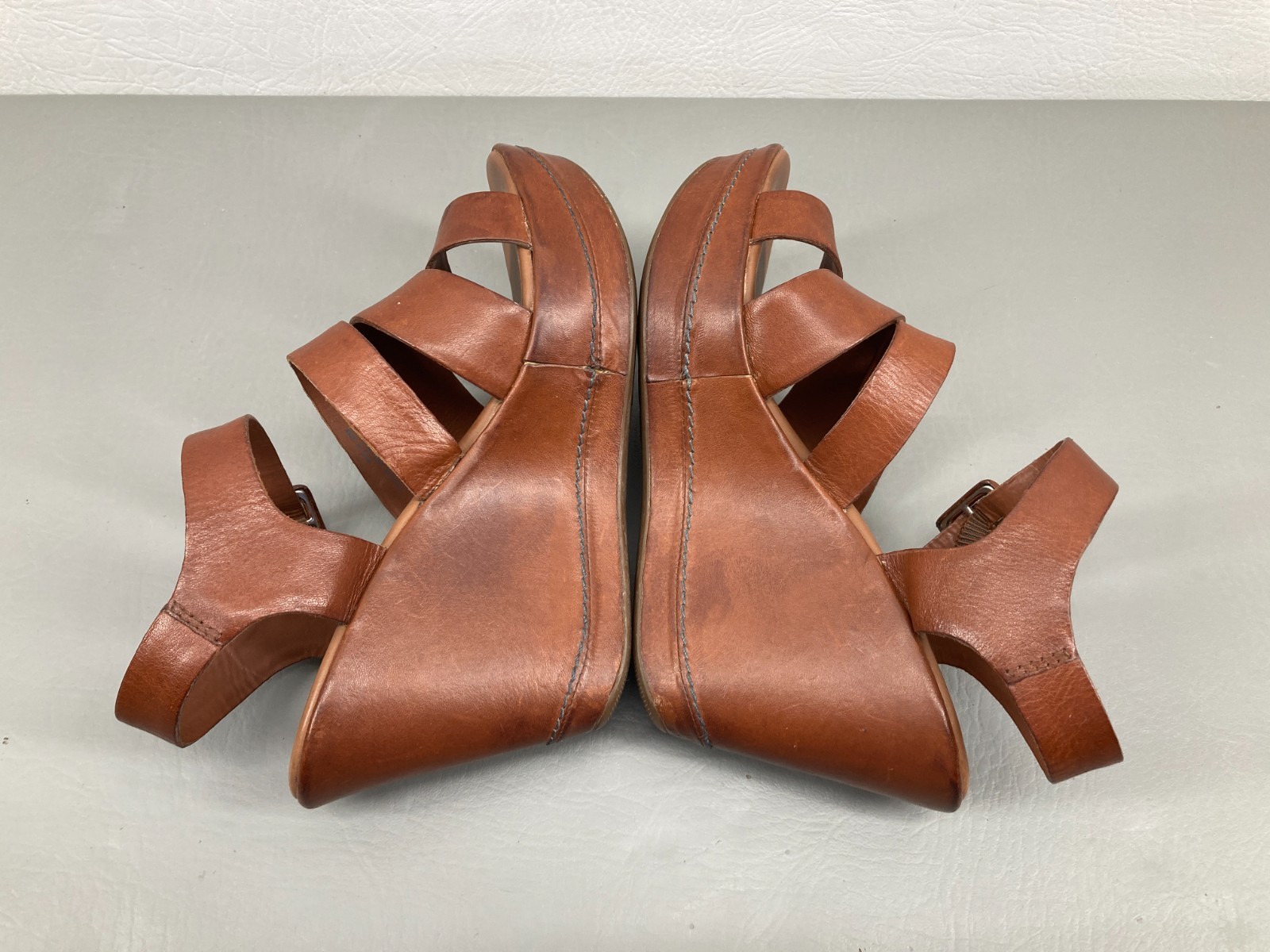 Kork Ease Womens Wedge Sandals Size 6.5 Brown Leather Platform Ankle Strap