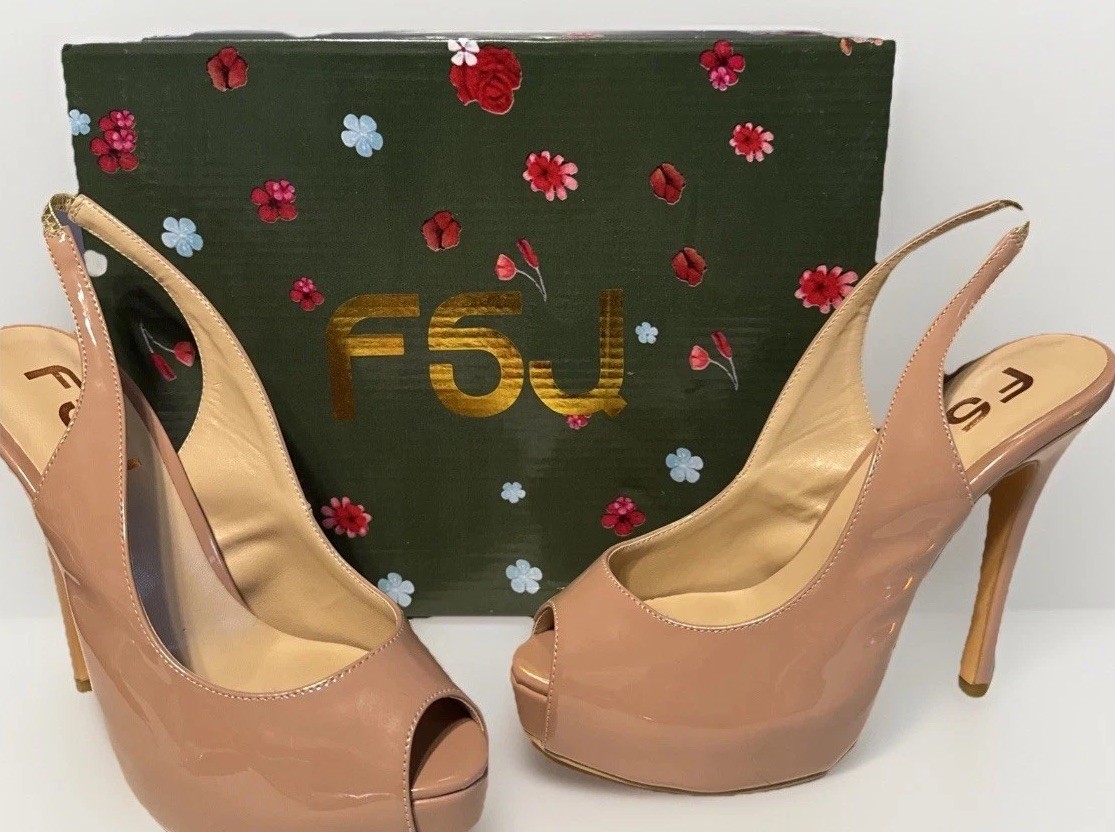 FSJ Nude Patent Slingback Peep Toe High Heels Women’s Size 7 Dress Shoes
