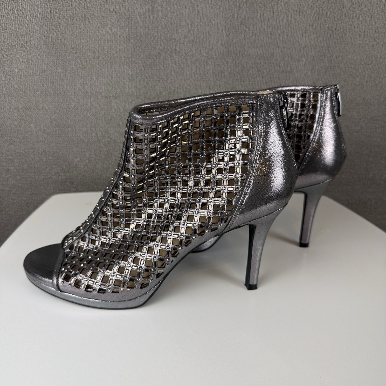 Alex Marie Silver Rhinestone Peep-Toe Stiletto Booties Wedding Party Glam Sz 8M~