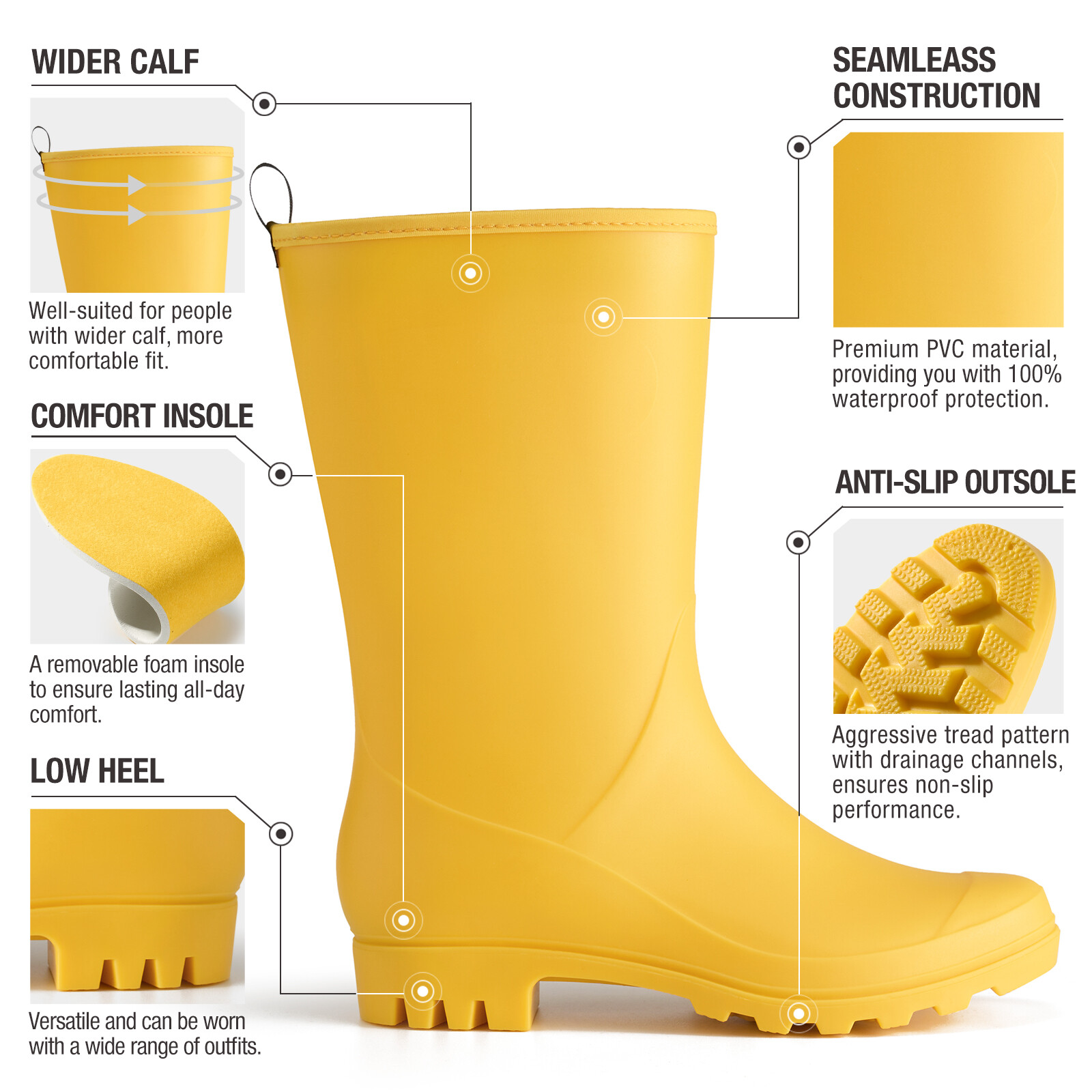 HISEA Women Wide Calf Rain Boots Mid-Calf Garden Farm Work Matte Wellington Boot