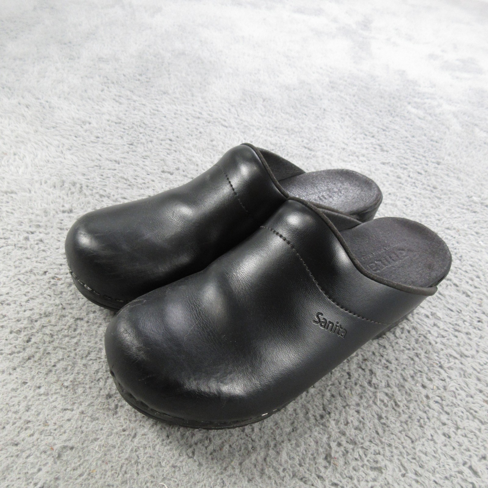 Sanita Shoes Womens 37 Black Leather Slip On Clogs Non Slip Workwear Comfort