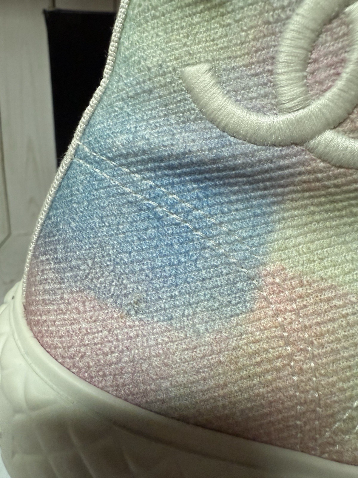 CHANEL Printed Fabric Quilted High Top Sneakers Green Pink Blue Sz 39 / 9