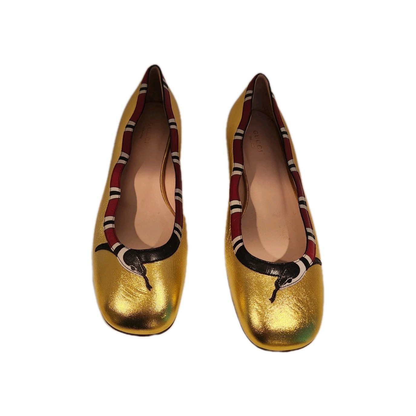 Gucci Yoko King Snake Leather Ballet Flats Shoes Square Toe in GOLD EU 38.5