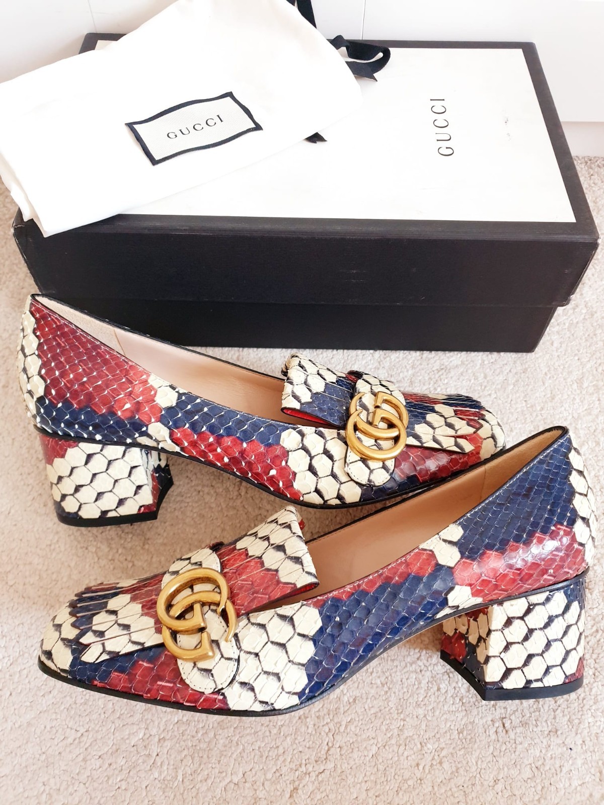 New Gucci Marmont Multi Fringed Leather Mid Heeled Court Shoes UK 6 EU 39 US 9