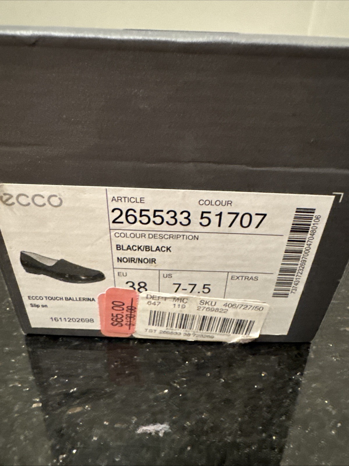 ECCO Touch Ballerina BLACK PATENT LEATHER STRETCHY FABRIC FLATS Slip Ons 7-7.5