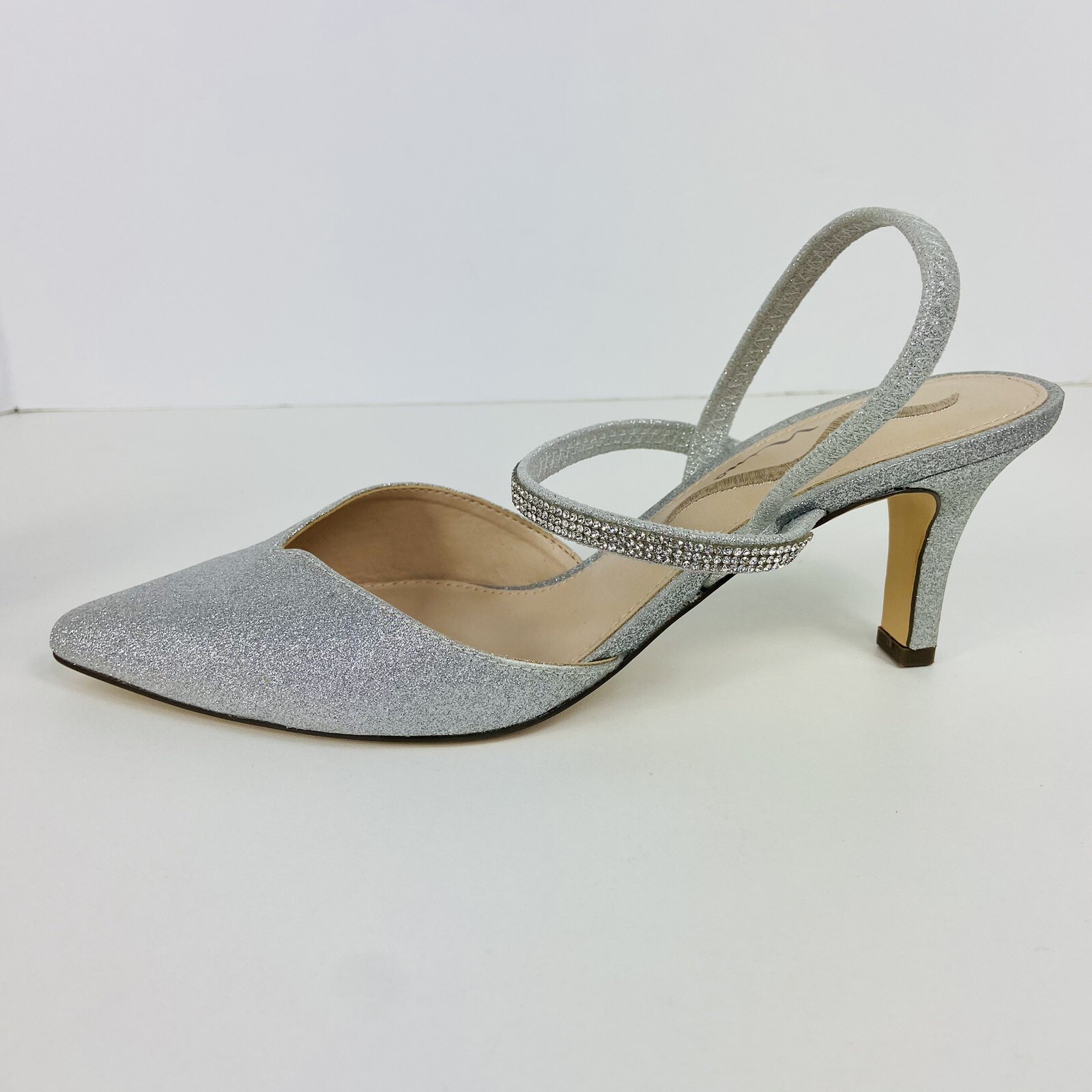 Nina Rhinestone Elastic Slingback Pumps Sz 8 / 38 Sparkly Silver Bridal