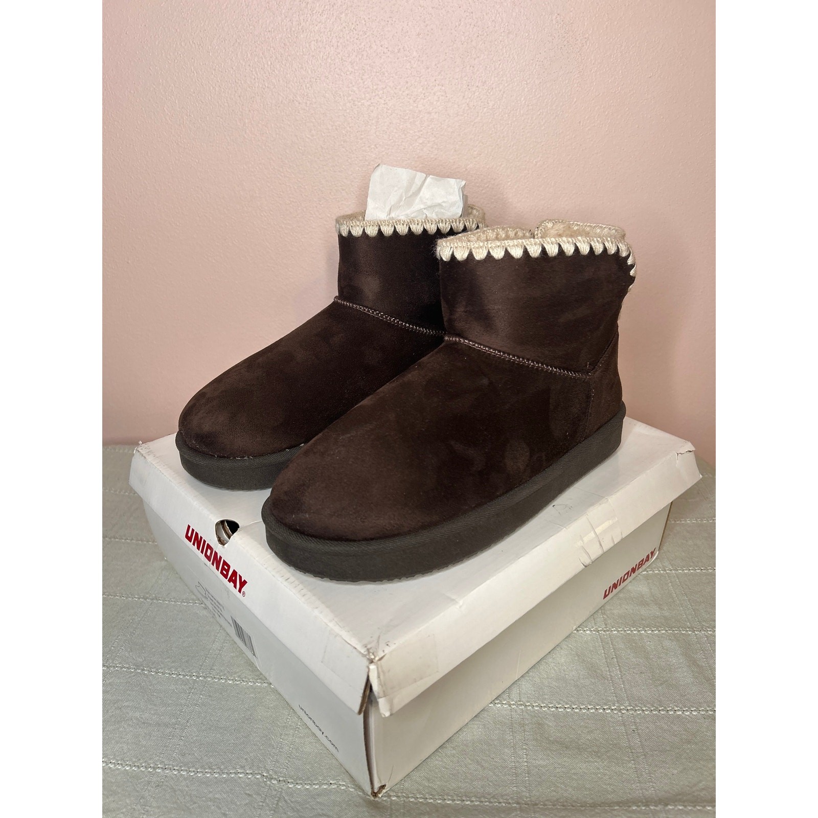 Unionbay Lisette Women’s Dark Brown Faux Suede Faux Fur Lined Ankle Boot Sz 11 M