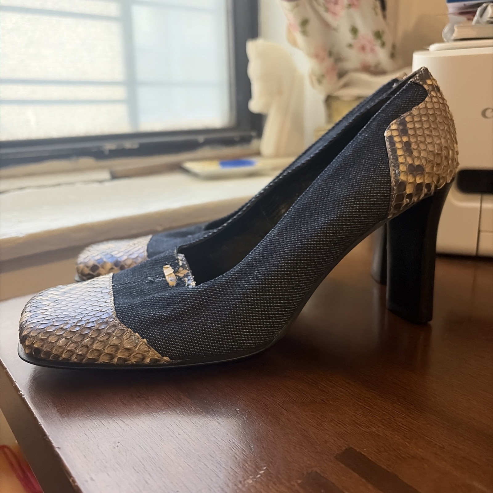 Y2K Roberto Rinaldi Square Toe Pumps SZ.38 Python Snakeskin & Denim Never Worn