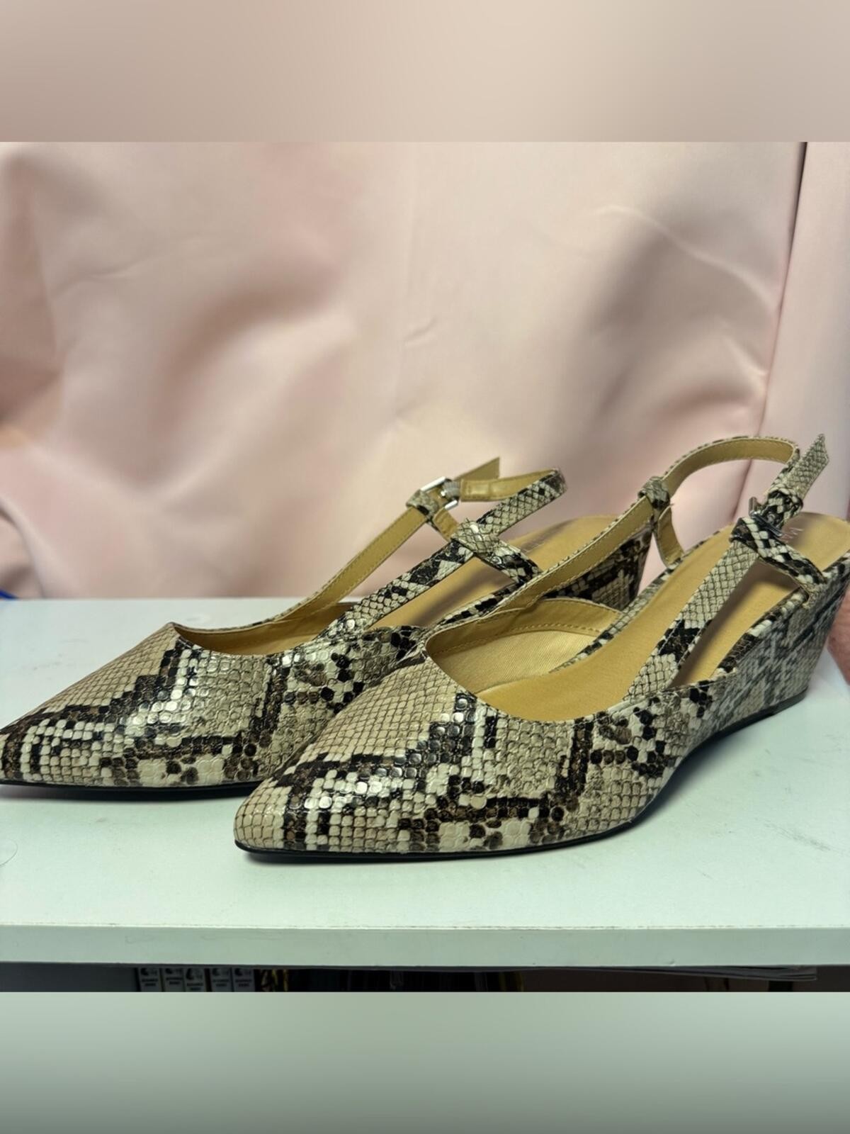 Market & Spruce Beige and Brown Snake-Print Pointed Slingback Flats