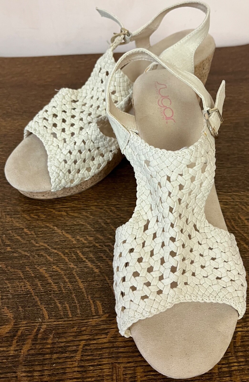 Sugar Jollie Beige Memory Foam Crochet Wedge Cork Sandals Sz 11 M New