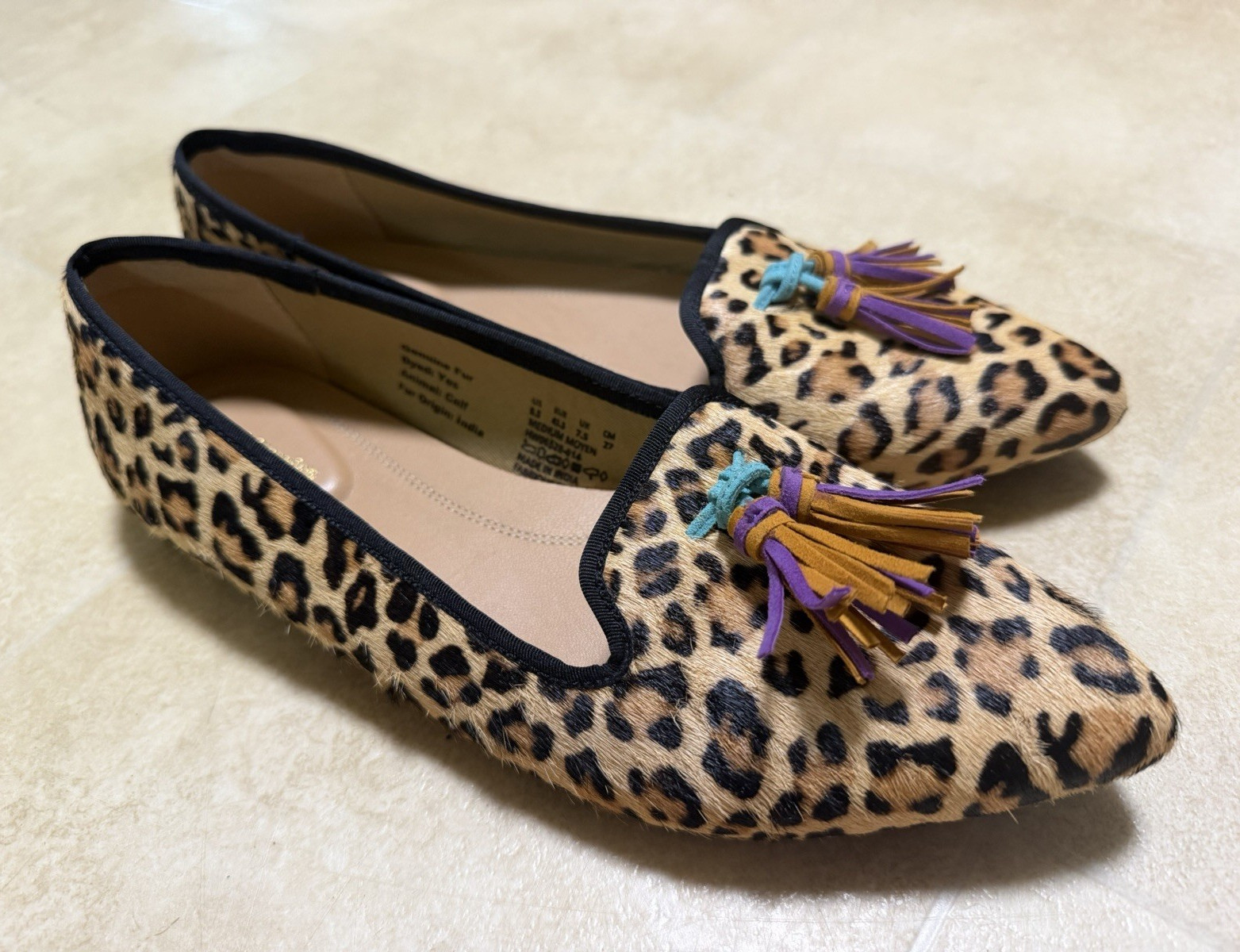 Hush Puppies Womens 9.5M Faux Fur Animal Print Tassel Slip-On Loafer Flat