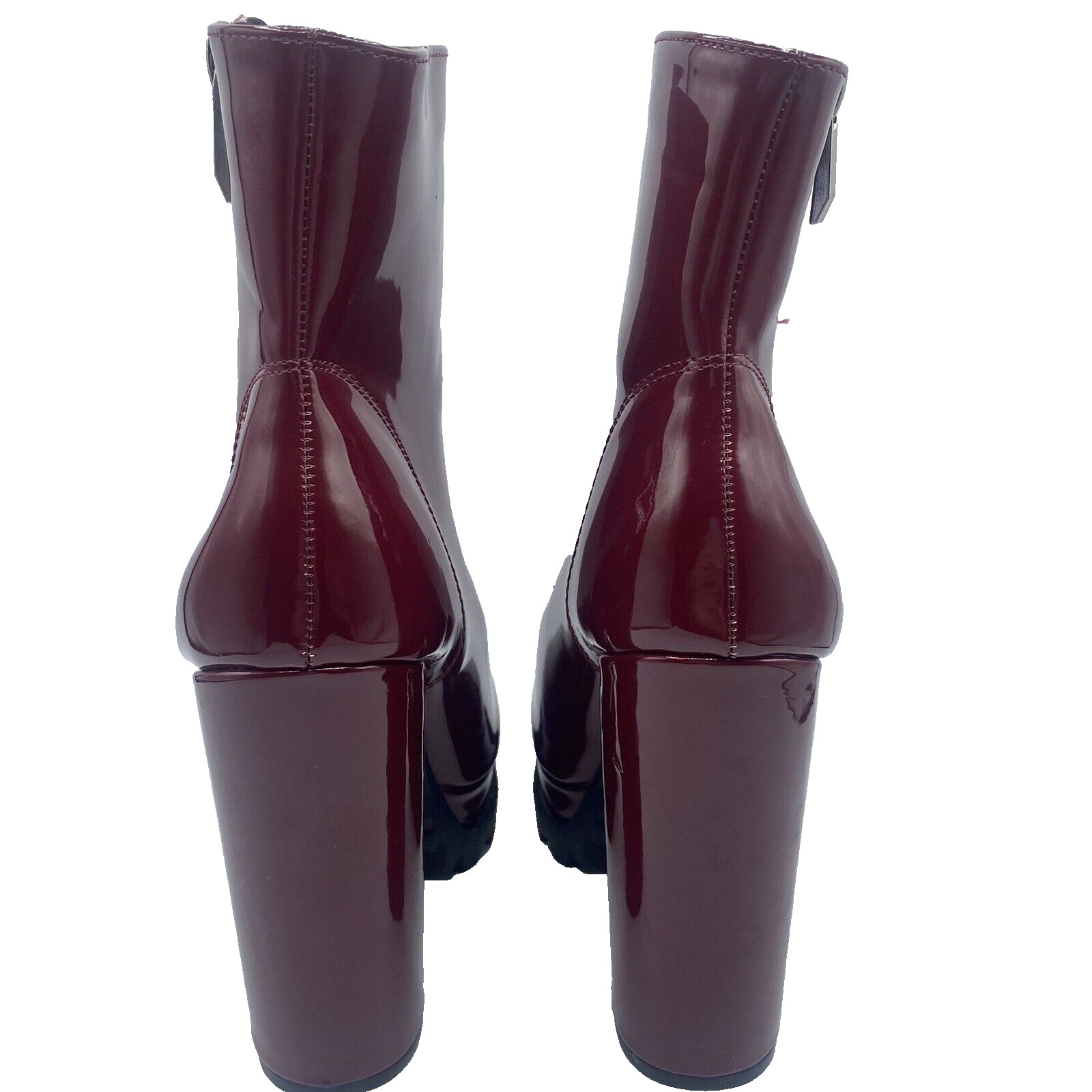 Women’s Burgundy Wine Maroon She & In Chunky Heel Zippered Boots Mod Y2K Sz 7.5