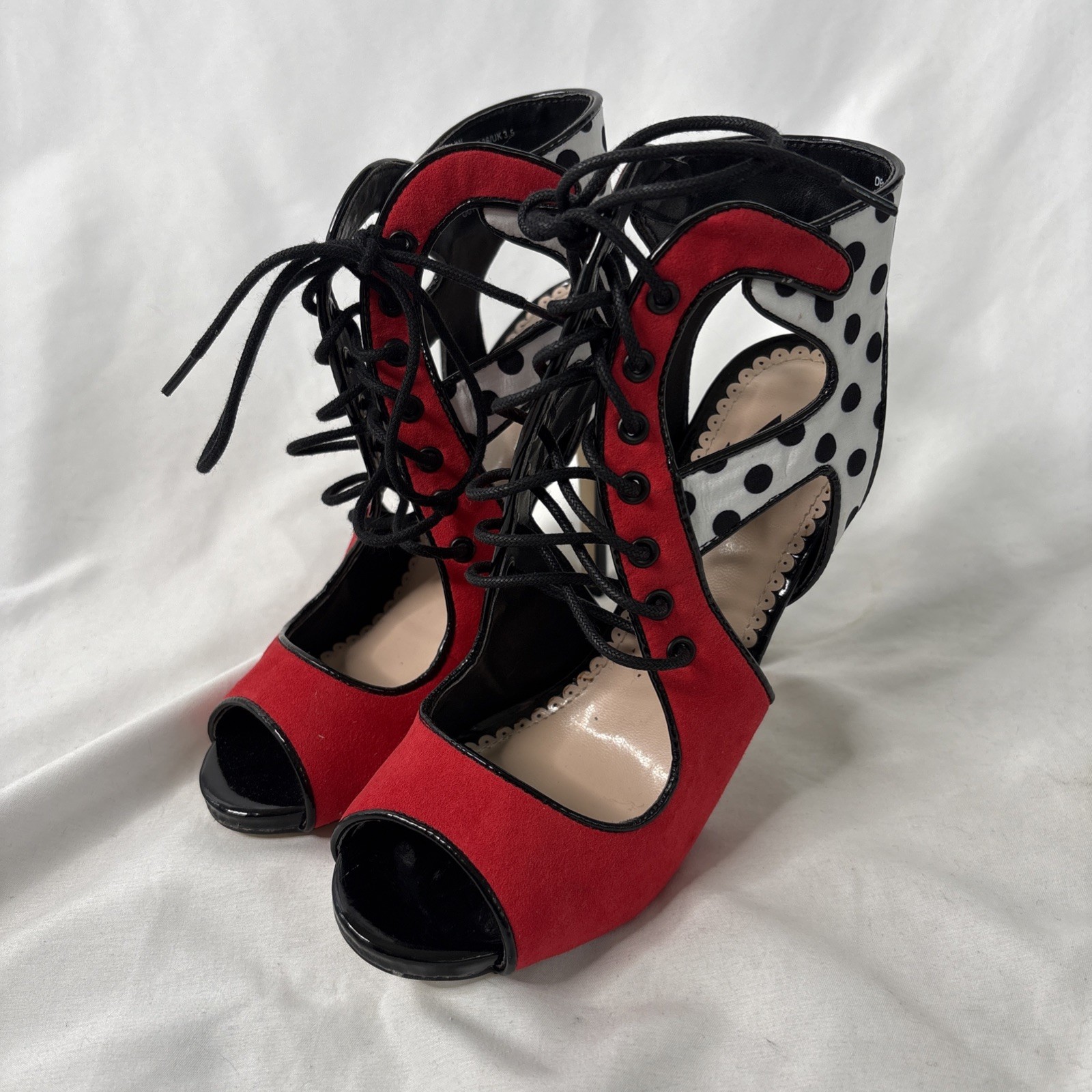 Madison By Shoedazzle Deon 5.5 Red Black Polka Dot Stiletto Lace Up Heels