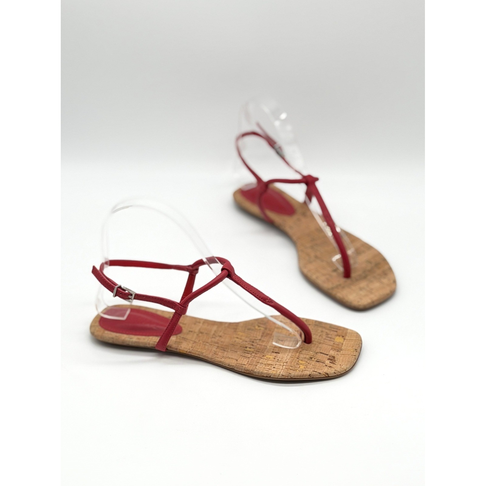 SCHUTZ Elsha Sandals Womens 7B Red Cork Strappy Flat Thong Buckle Ankle Strap