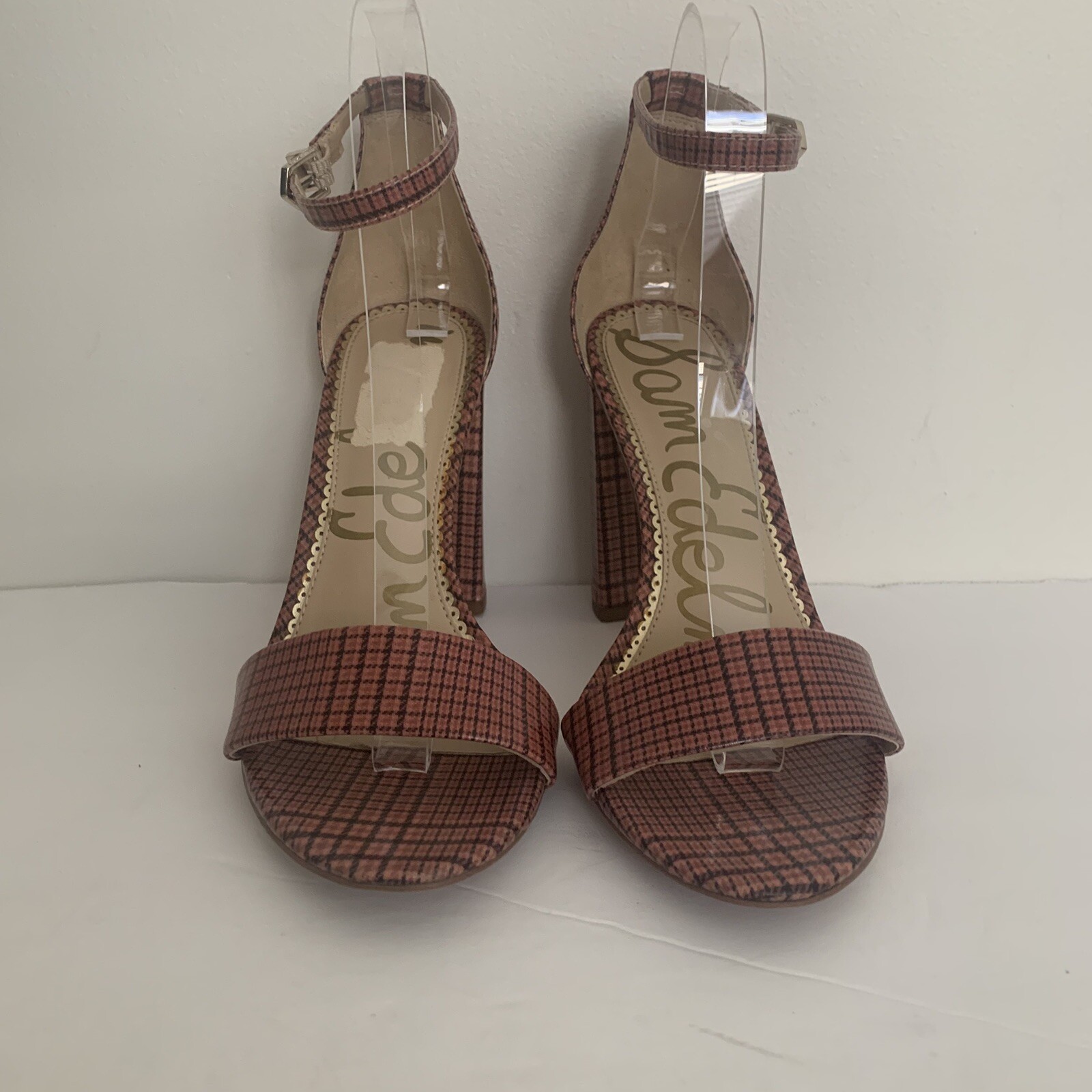 Sam Edelman Yaro Pink Black Plaid Ankle Strap Sandals Size 8M Block Heel EUC