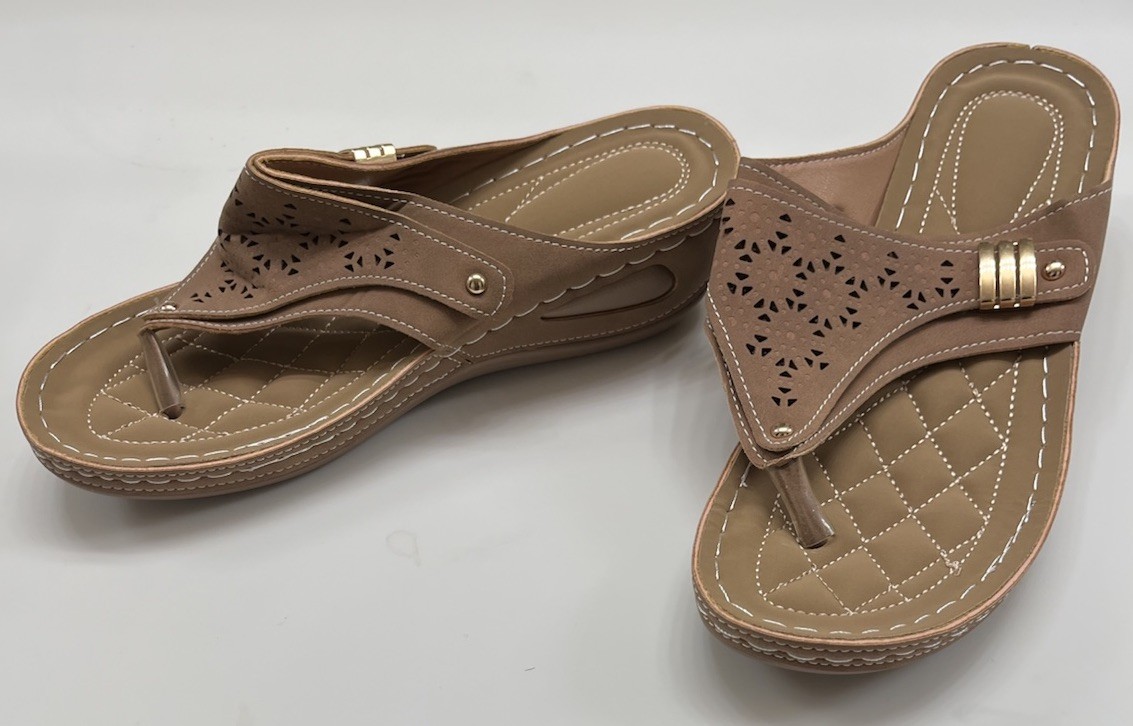 Women’s Sandal Brown Wedge Heels, White Stitching & Gold Color Accents – Size 40