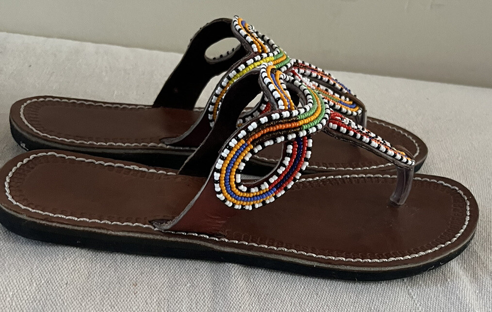 Ethnic Tooled Leather & Glass Bead Beaded Flip Flops Thong Sandals Size 41