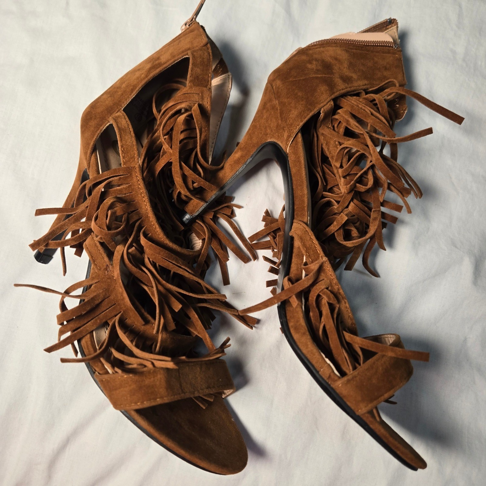 Chase & Chloe Brown Fringe Stiletto Sandals Open Toe Back Zip Heels Size 10
