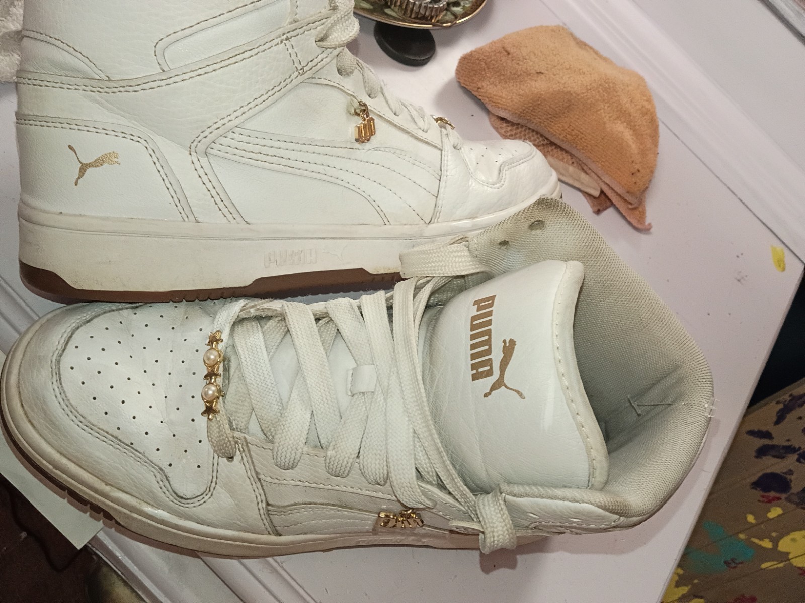 PUMA Rebound Layup Pearlized High Top Womens Off White Sneakers Size 8
