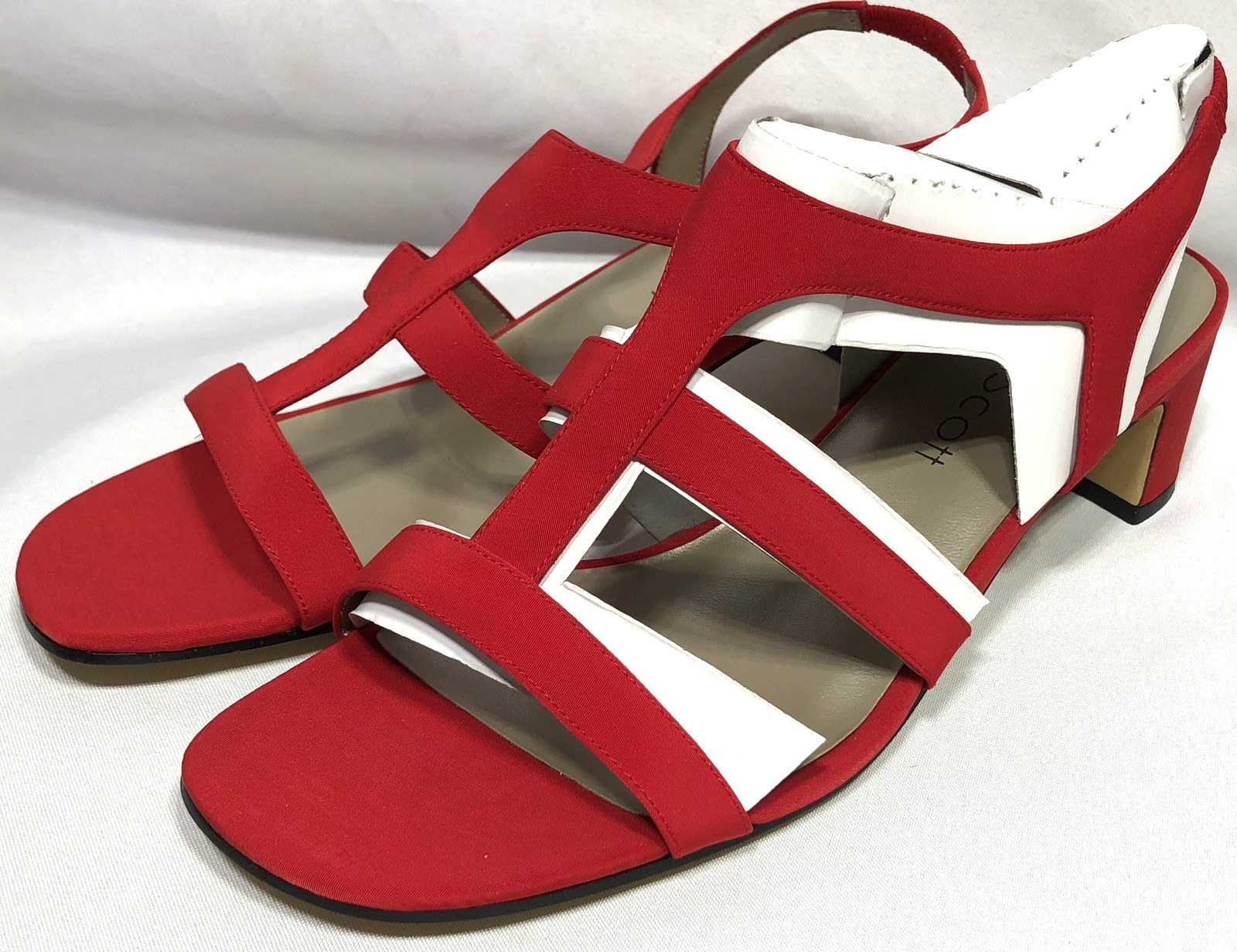 Vintage 90s Laura Scott Fabric Dress Sandals Red Size 9.5M Mid Heel Ankle Strap