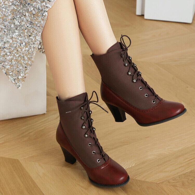 Women’s Ankle Boots Splicing Low Heel Lace Up Shoes Canvas Leather Patchwork NEW