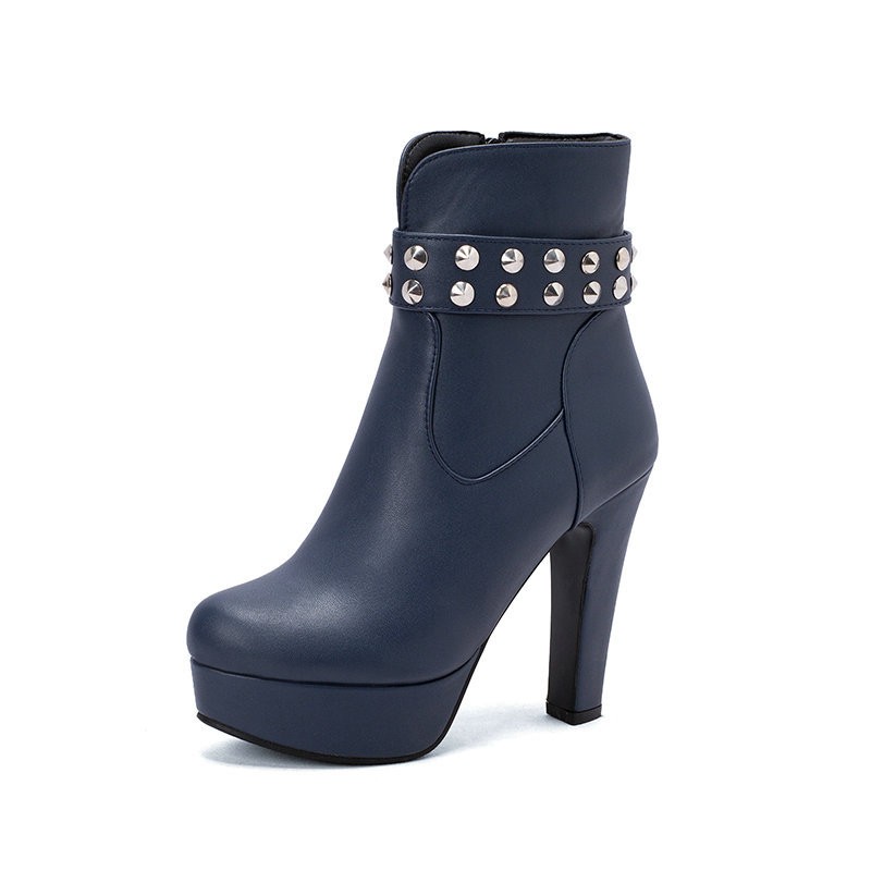 Womens Club Ankle Boots Block High Heels Platform Round Toe Zipper Rivets Shoes