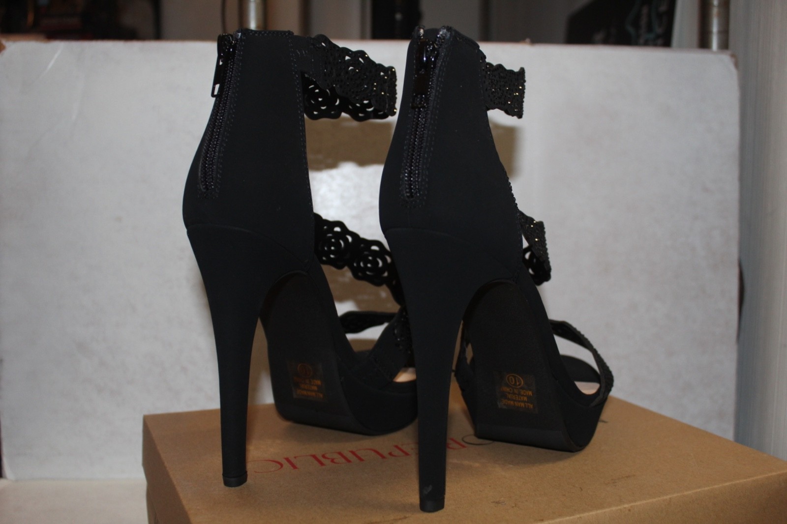 Marco Republic Yorkshire Laser Cut Rose Stiletto Sandals Black 5.25” Heel