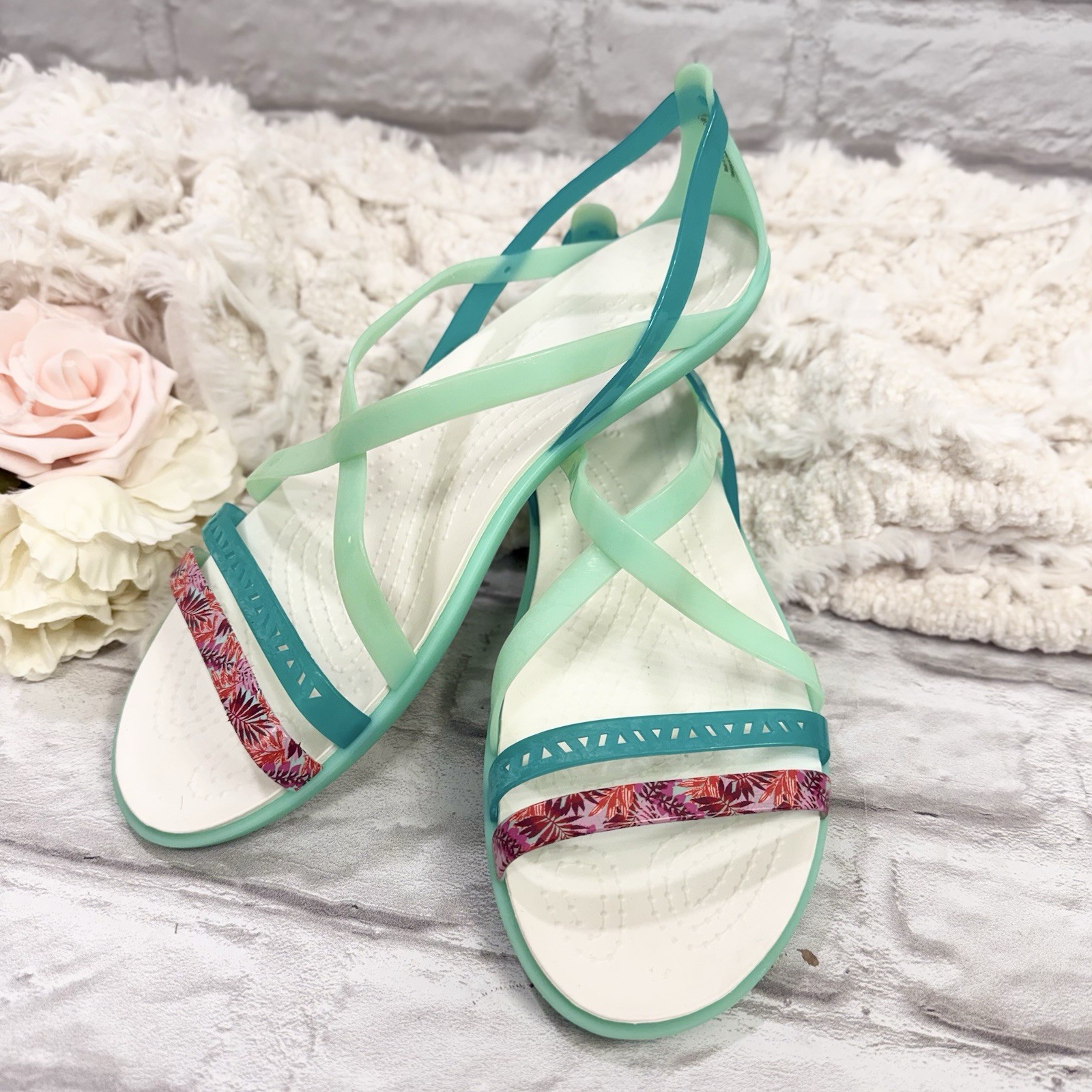 Crocs Isabella Iconic Jelly Strappy Sandals Flats Womens 11W Leaf Print Green