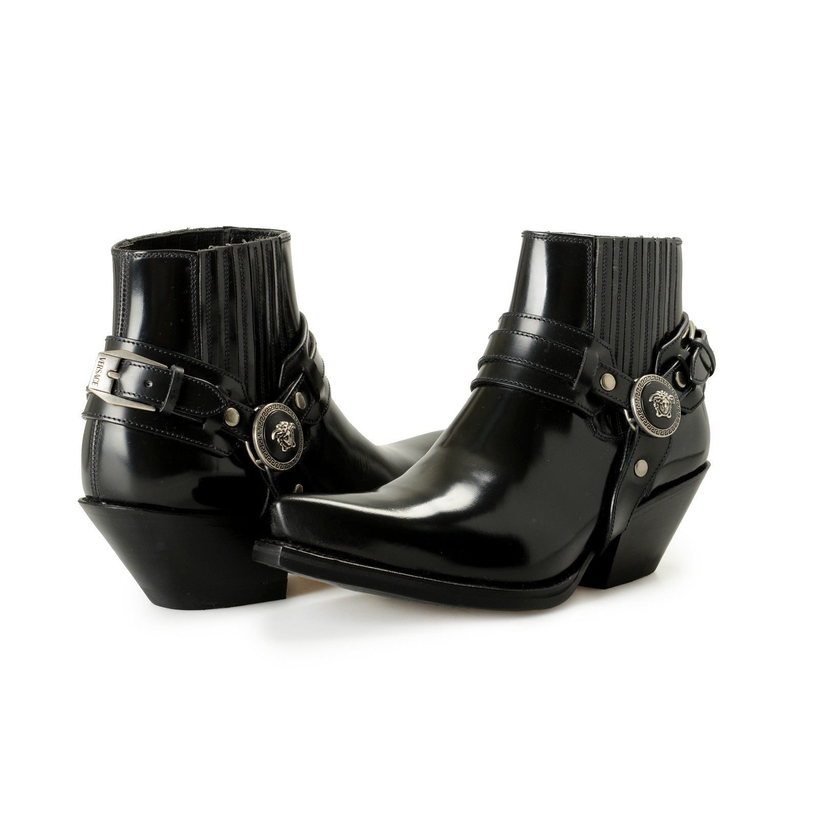 Versace Women’s Black Leather Silver Medusa Heeled Booties Shoes US 6 IT 36