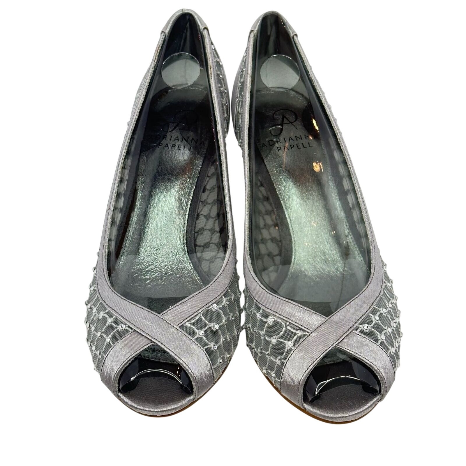 Adrianna Papell Womens Silver Mesh Peep Toe Kitten Heel Slip on Pumps