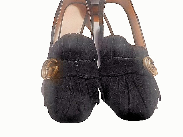 GUCCI MARMONT GG FRINGE BLACK SUEDE LOAFERS-2″ MID HEEL–SIZE 40 (US 10) JK
