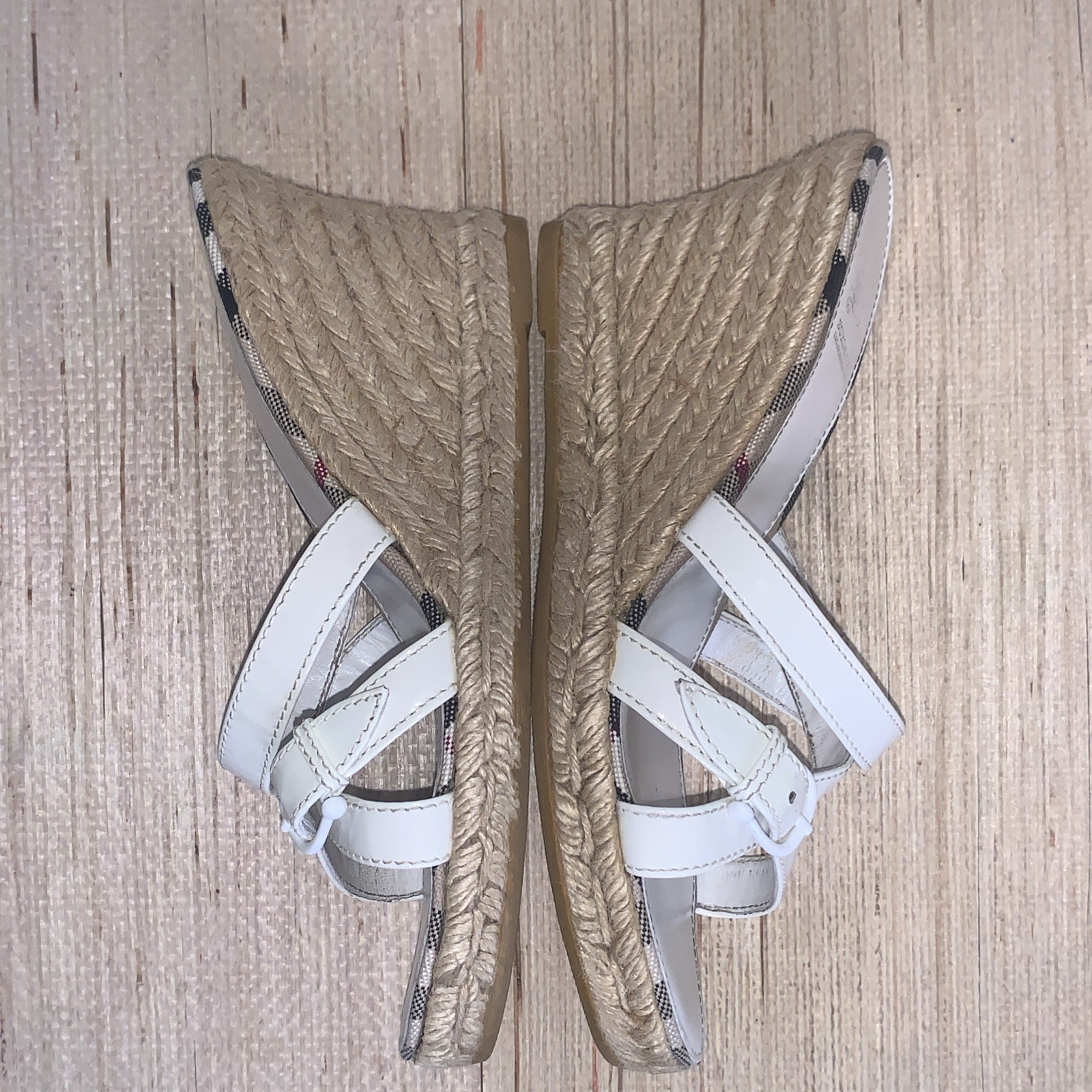 Burberry Nova Check Patent Leathe Plaid Jute Wedge Espadrille Sandals Coastal 37