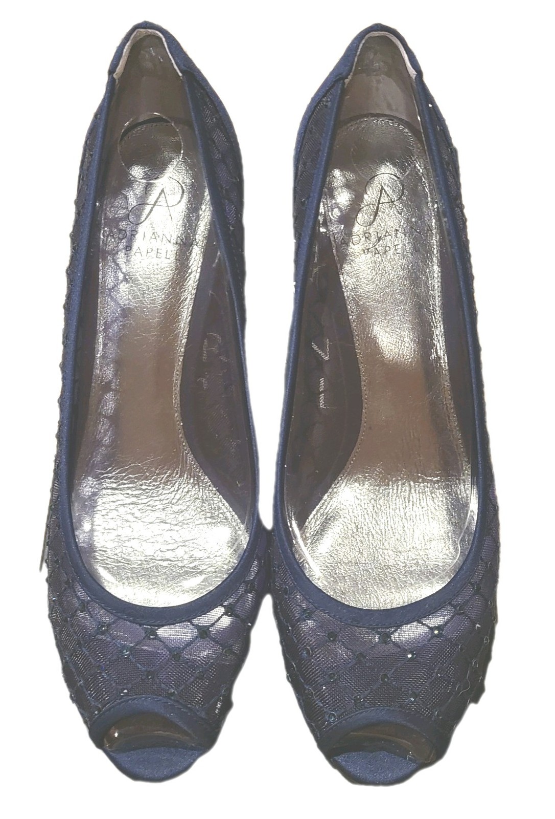 Adrianna Papell Jamie Navy Mesh Open-Toe Heel Rhinestone Size 8 1/2 M Worn Once
