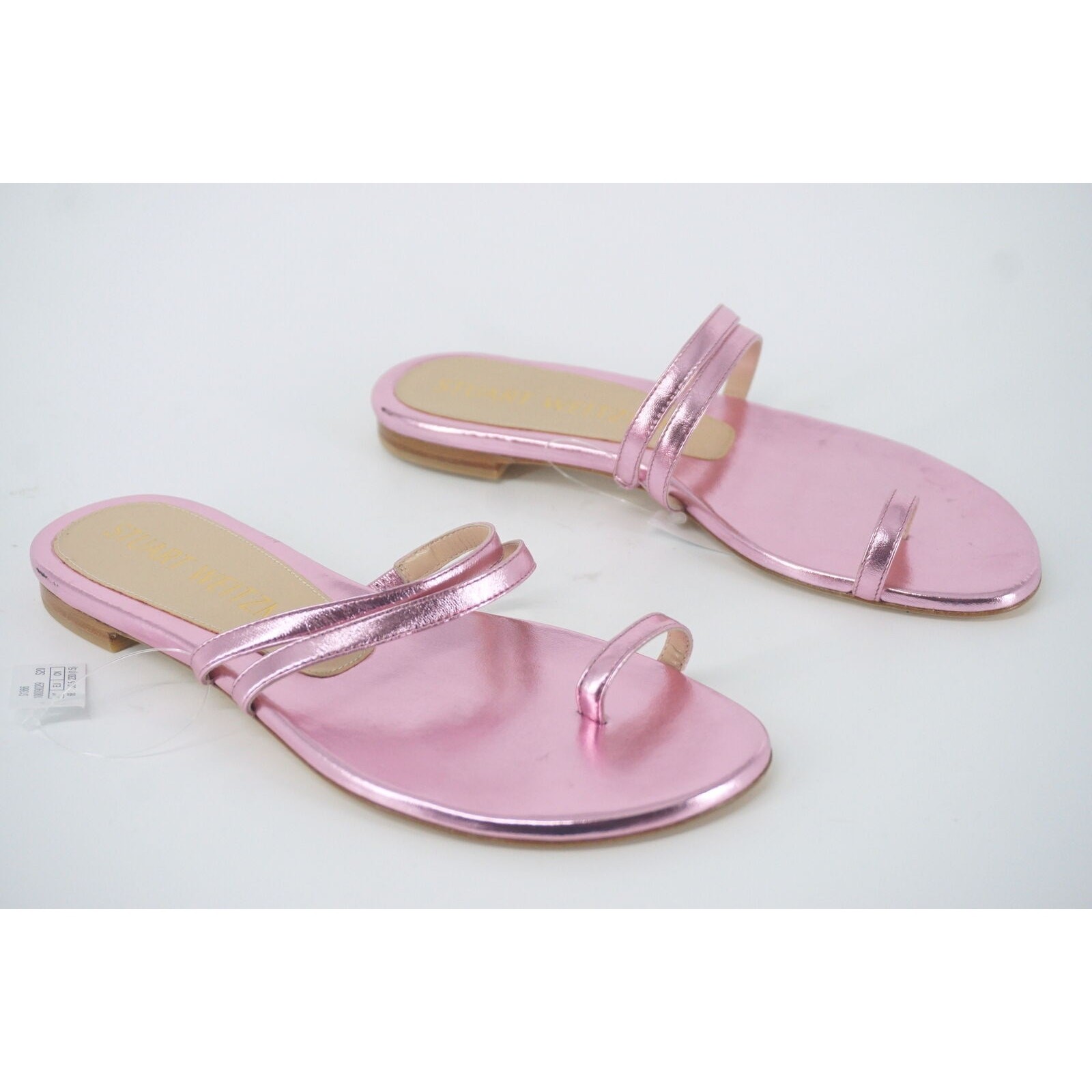Stuart Weitzman Leonita Slide Pink Metallic Leather Sandals Size 6 New Flat $350